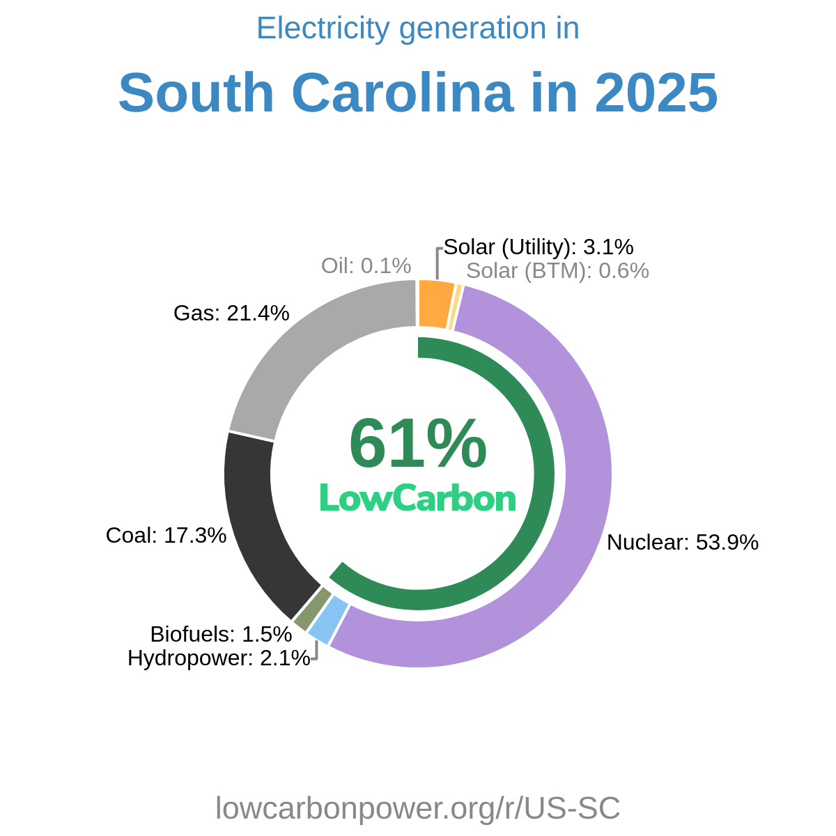South Carolina Electricity Generation Mix 2026 | Low-Carbon Power Data
